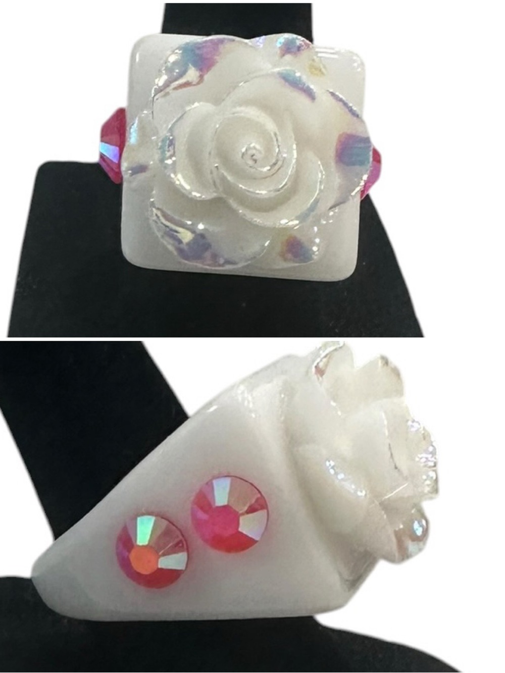 Haus of Lenora: Boutique White Rose Resin Statement Ring with pink Rhinestones